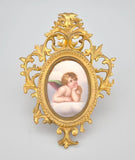 KPM Style Painted Porcelain Plaque Cherub Gold Giltwood Italy Tole Frame 19th C