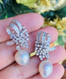 Vintage Estate 14k Gold Cultured Pearl G VS Diamond Drop Dangle Pendant Earrings