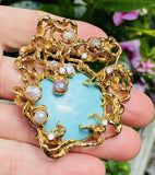HUGE Vintage 1960s ARTHUR KING 18k Gold Diamond Turquoise Pearl Pendant Brooch