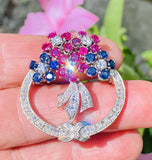 Vintage Art Deco 1940s 14k Gold Ruby Sapphire Diamond Brooch Pin Pendant