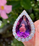 Vintage HUGE Platinum Gold Pear Amethyst Diamond Halo Ring