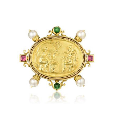 SEIDENGANG 18K Gold Pearl Tourmaline Athena Intaglio Pendant Brooch Pin Enhancer