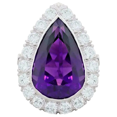 Art Deco Vintage Estate Platinum Pear Amethyst 2.00ct G VS Diamond Halo Ring