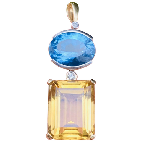 Large Vintage 14k Gold Diamond Citrine Blue Topaz Gemstone Necklace Pendant