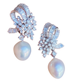 Vintage Estate 14k Gold Cultured Pearl G VS Diamond Drop Dangle Pendant Earrings