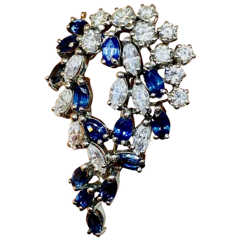 Art Deco Antique 5.00ct Sapphire Marquise Diamond 18K Brooch Pendant Necklace