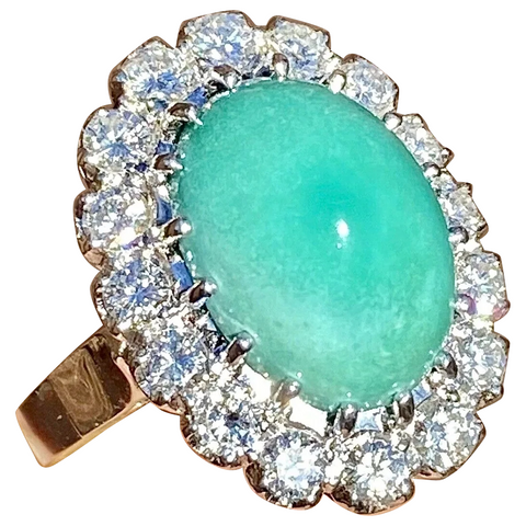 Vintage Estate 14k Gold Turquoise Cabachon 9ct Diamond Halo Ballerina Ring