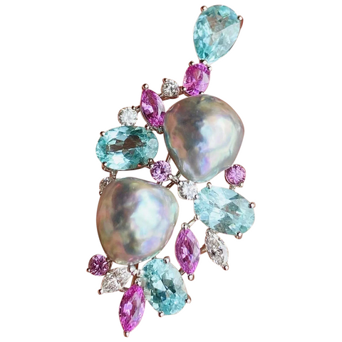 Vintage Estate 18k Gold Diamond Pearl Pink Sapphire Tourmaline Brooch Pendant