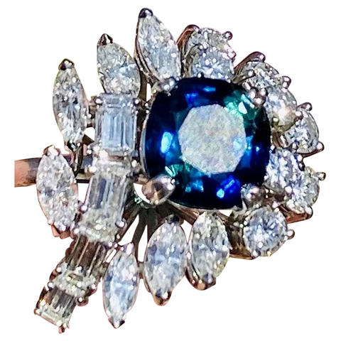 Vintage 1950s Estate Platinum 4ct Blue Sapphire Diamond Cluster Cocktail Ring