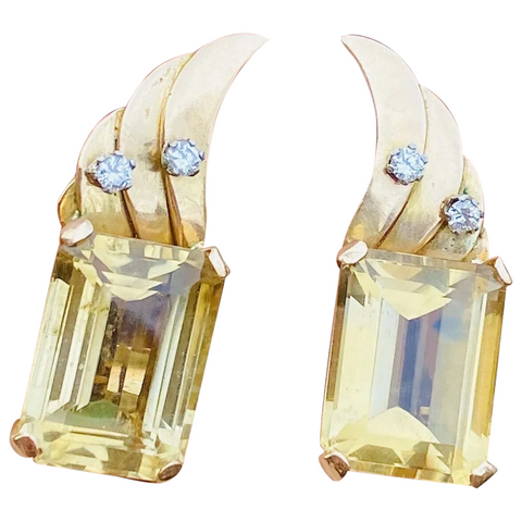Vintage 1950s Retro Estate 18k Gold Emerald Cut Citrine Diamond Earrings