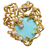 HUGE Vintage 1960s ARTHUR KING 18k Gold Diamond Turquoise Pearl Pendant Brooch