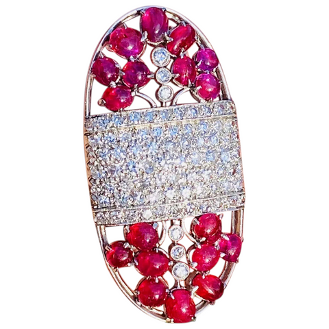 Vintage Art Deco Platinum 6.20ct G-H VS Diamond Ruby Cabachon Brooch Pendant