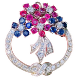 Vintage Art Deco 1940s 14k Gold Ruby Sapphire Diamond Brooch Pin Pendant