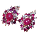Vintage 1950s  18k Gold Ruby Cabachon VS Diamond Cluster Drop Earrings
