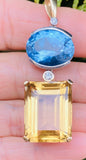 Large Vintage 14k Gold Diamond Citrine Blue Topaz Gemstone Necklace Pendant