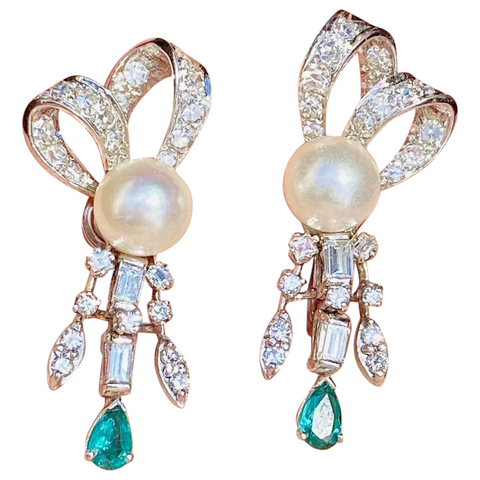 Vintage 1950s 14k Gold 3ct Emerald Diamond Dangle Drop Pendant Earrings