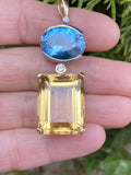 Large Vintage 14k Gold Diamond Citrine Blue Topaz Gemstone Necklace Pendant