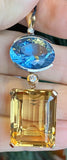Large Vintage 14k Gold Diamond Citrine Blue Topaz Gemstone Necklace Pendant