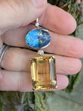 Large Vintage 14k Gold Diamond Citrine Blue Topaz Gemstone Necklace Pendant
