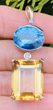 Large Vintage 14k Gold Diamond Citrine Blue Topaz Gemstone Necklace Pendant