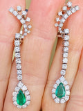 Vintage Estate 18k Gold 5.60ctw Emerald Diamond Halo Pear Dangle Drop Earrings