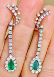 Vintage Estate 18k Gold 5.60ctw Emerald Diamond Halo Pear Dangle Drop Earrings