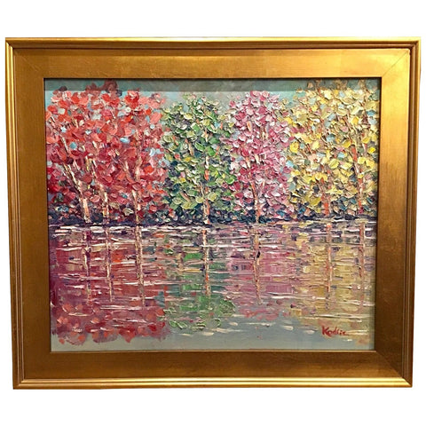 KADLIC Abstract Autumn Trees  Landscape Art Original Oil Painting Gold Frame 24”