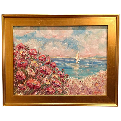 24x18” Mediterranean Seascape KADLIC Original Oil Painting Art Gold Frame