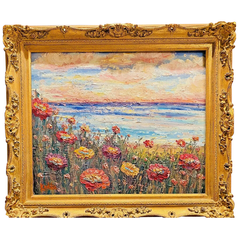 KADLIC Abstract Sunset Seascape Impasto Original Oil Painting Gold Frame 24