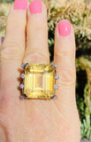 Large Vintage 18k Gold Retro Citrine Diamond Cocktail Ring