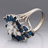 Vintage Retro 14k White Gold Blue Sapphire VS Diamond Cluster Cocktail Ring