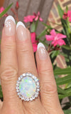 Vintage 14k White Gold 7.4ct Opal Diamond Halo Cocktail Ring