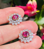 Vintage Estate 18k Gold 4ct Ruby Diamond Double Halo Stud Drop Earrings