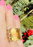 Large Vintage 18k Gold Retro Citrine Diamond Cocktail Ring