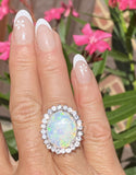 Vintage 14k White Gold 7.4ct Opal Diamond Halo Cocktail Ring