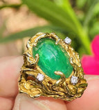 Vintage 18k Gold Brutalist Emerald Diamond Cocktail Ring