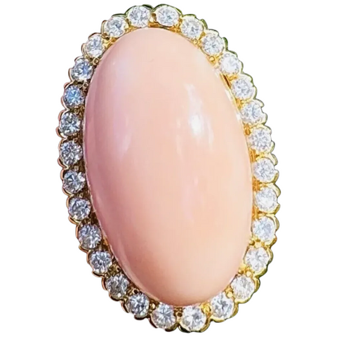 Vintage 18k Gold Pink Angel Skin Coral Diamond Cocktail Ring