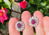 Vintage Estate 18k Gold 4ct Ruby Diamond Double Halo Stud Drop Earrings