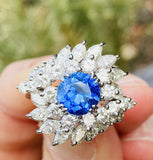 Vintage 1950s Platinum 5ct Blue Sapphire VS Diamond Halo Ballerina Ring