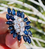 Vintage Retro 14k White Gold Blue Sapphire VS Diamond Cluster Cocktail Ring