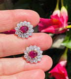 Vintage Estate 18k Gold 4ct Ruby Diamond Double Halo Stud Drop Earrings