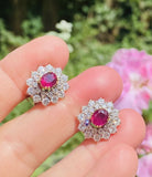 Vintage Estate 18k Gold 4ct Ruby Diamond Double Halo Stud Drop Earrings