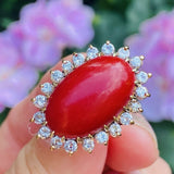 Vintage 14K Sardinian Red Coral Cabochon Diamond Cocktail Ring