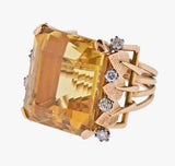 Large Vintage 18k Gold Retro Citrine Diamond Cocktail Ring