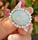 Vintage 14k White Gold 7.4ct Opal Diamond Halo Cocktail Ring