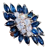 Vintage Retro 14k White Gold Blue Sapphire VS Diamond Cluster Cocktail Ring