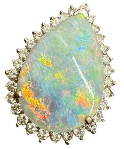 Vintage Midcentury 18k Gold Opal Diamond Necklace Pendant
