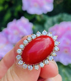 Vintage 14K Sardinian Red Coral Cabochon Diamond Cocktail Ring