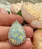 Vintage Midcentury 18k Gold Opal Diamond Necklace Pendant