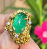 Vintage 18k Gold Brutalist Emerald Diamond Cocktail Ring